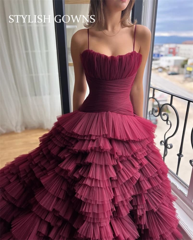 Robe de RhQuinceanera bordeaux pour femmes, robes à volants à plusieurs niveaux, robe de soirée élég