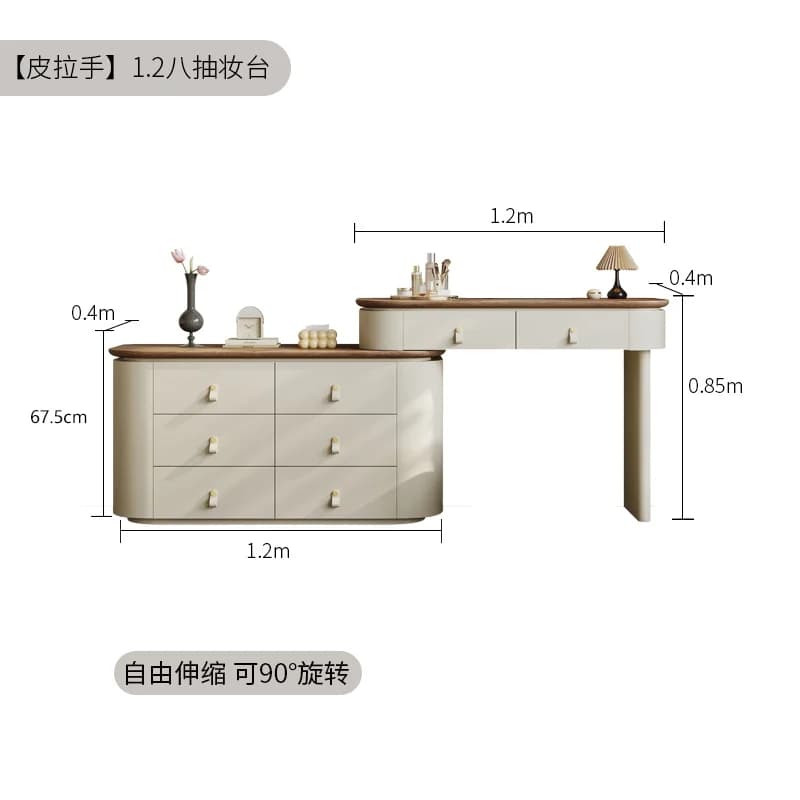 Table de maquillage de style italien, design luxueux et glamour, avec miroir lumineux rétractable, m