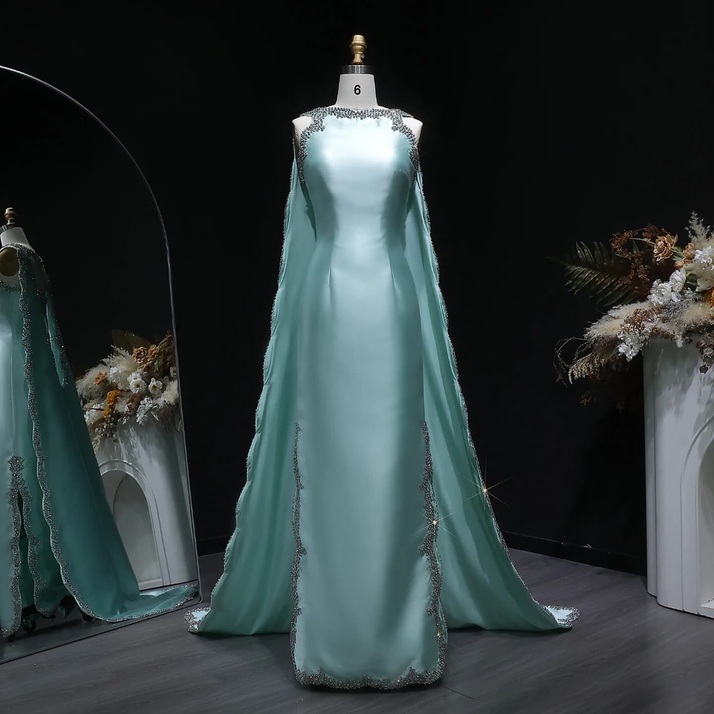 Sharon Said luxe vert menthe sirène Satin dubaï robes de soirée avec Cape femmes fête de mariage for