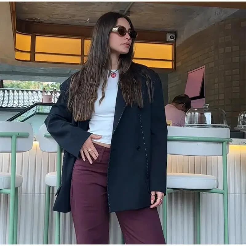 Blazer rayé pour femme, décontracté, ample, à revers, double boutonnage, manches longues, veste de b