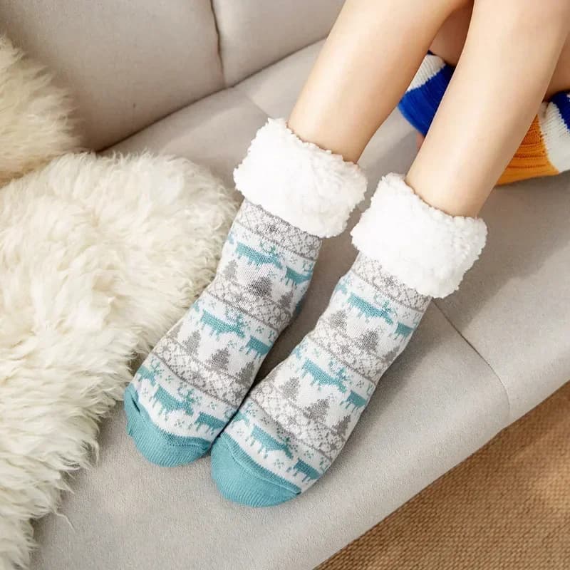 Cadeau de noël pantoufle chaussettes femmes thermique hiver chaud en peluche antidérapant poignée do