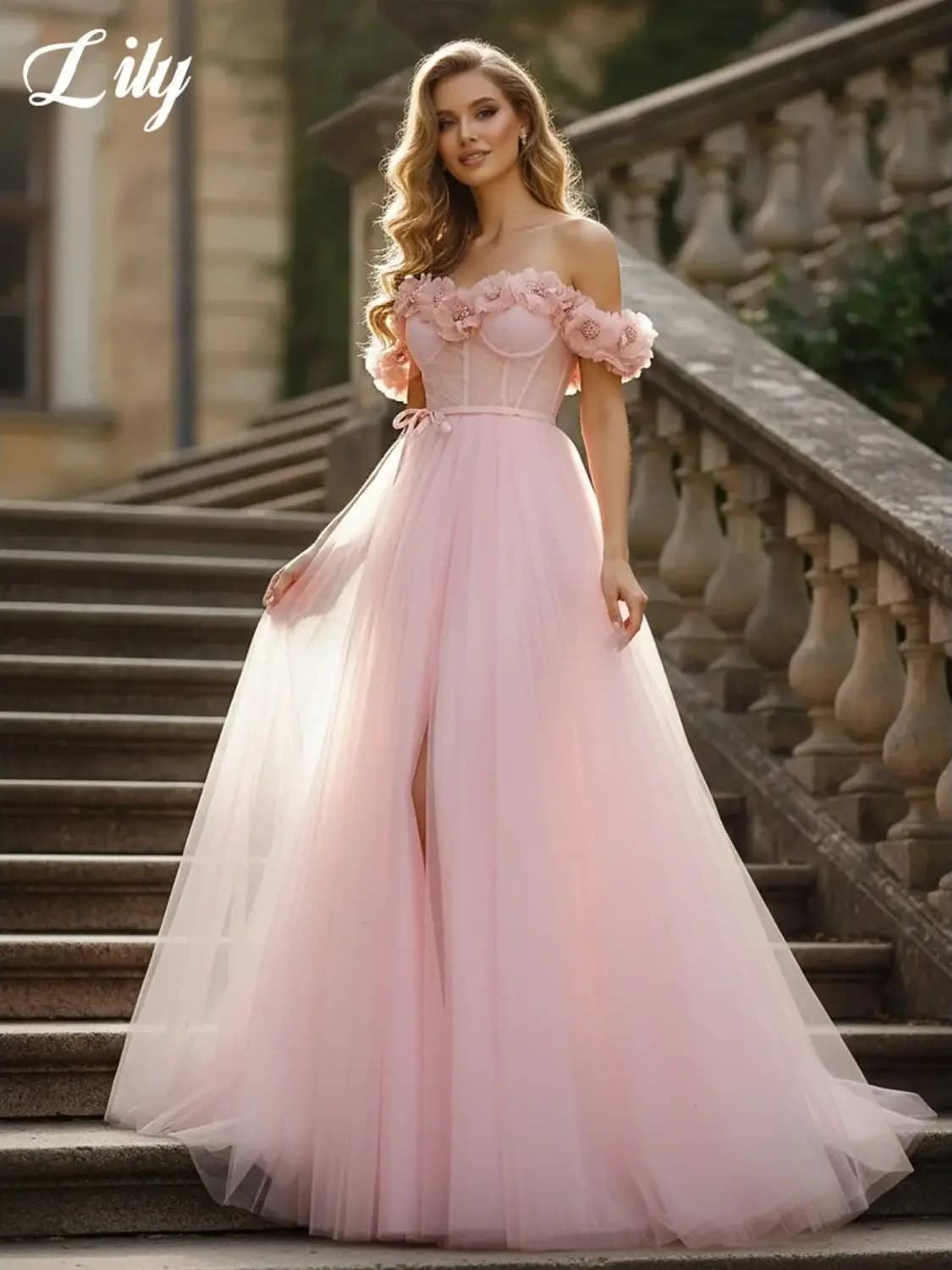 Robe de bal en filet rose Lily, coupe trapèze, élégante, avec fleurs 3D, épaules dénudées, robe de s