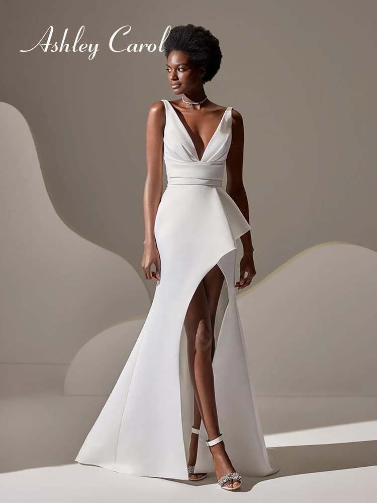 Ashley Carol-Robes de mariée sirène pour femmes, robes de mariée sexy à col en V profond, cuisse hau