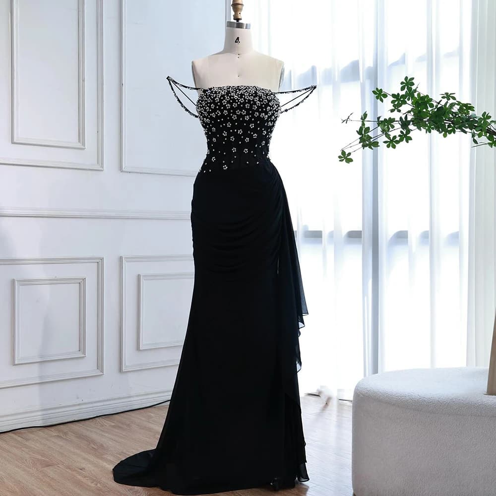 Robe de bal sirène noire de luxe, avec bretelles Spaghetti, robe de styliste perlée, Serene Hill, pe