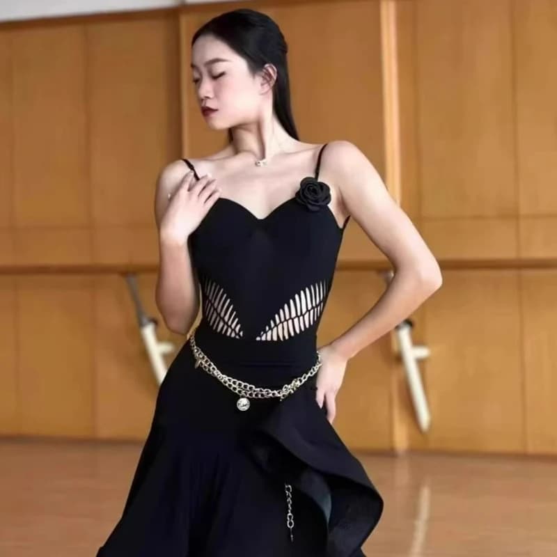 Costume de danse latine pour femmes, haut à col licou, dos nu, marron, noir, robe trapèze, Rumba Cha