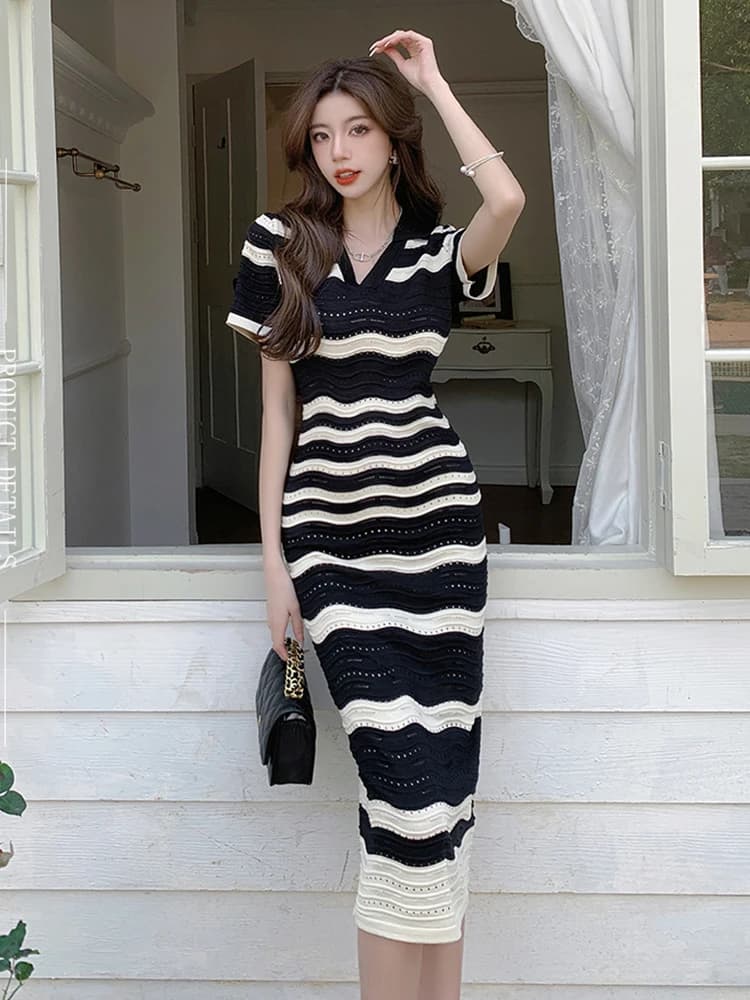 Robe Longue d'Été Rétro à Rayures Ajourées pour Femme, Tenue Mi-longue à Manches Courtes, Vêtements