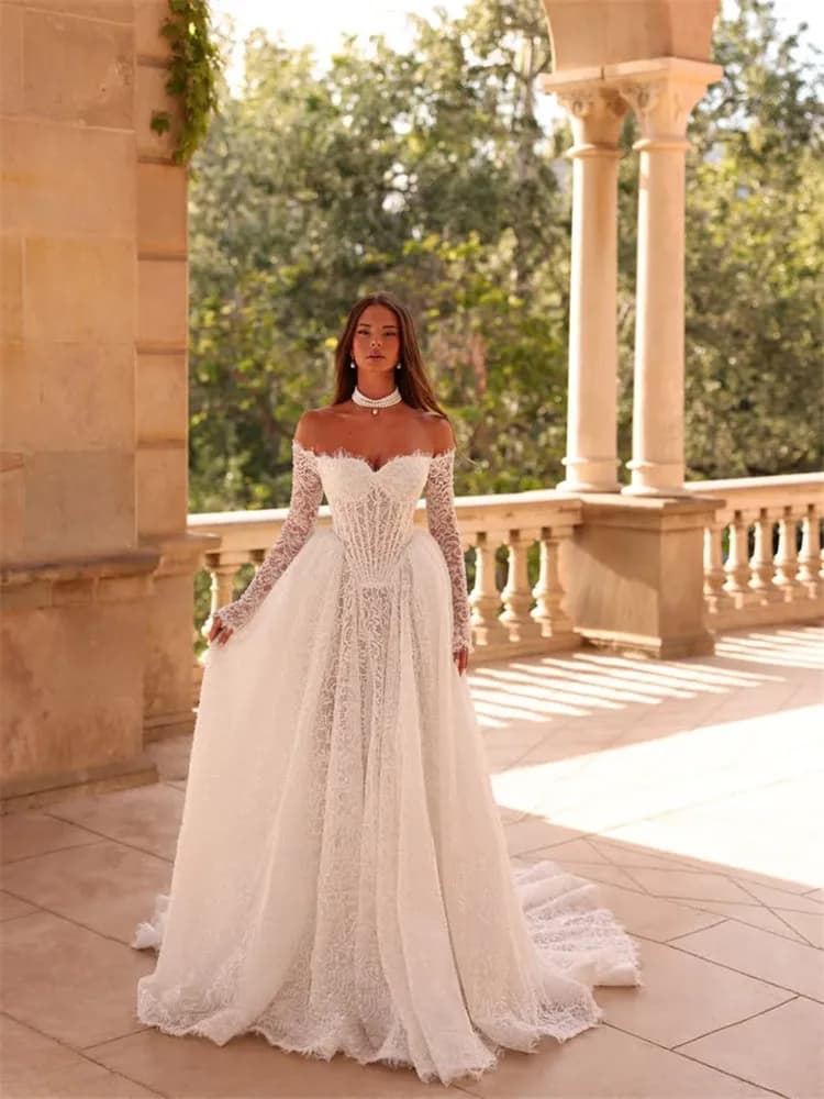 Robes de Mariée de Luxe 2026 – Robe en Dentelle Corsetée, Vestido De Novia à Manches Longues, Prince