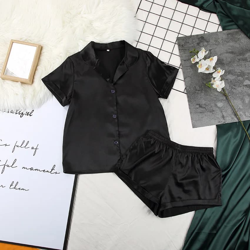 Pyjama en satin de couleur unie avec short, ensemble de vêtements de nuit en soie pour femmes, pyjam