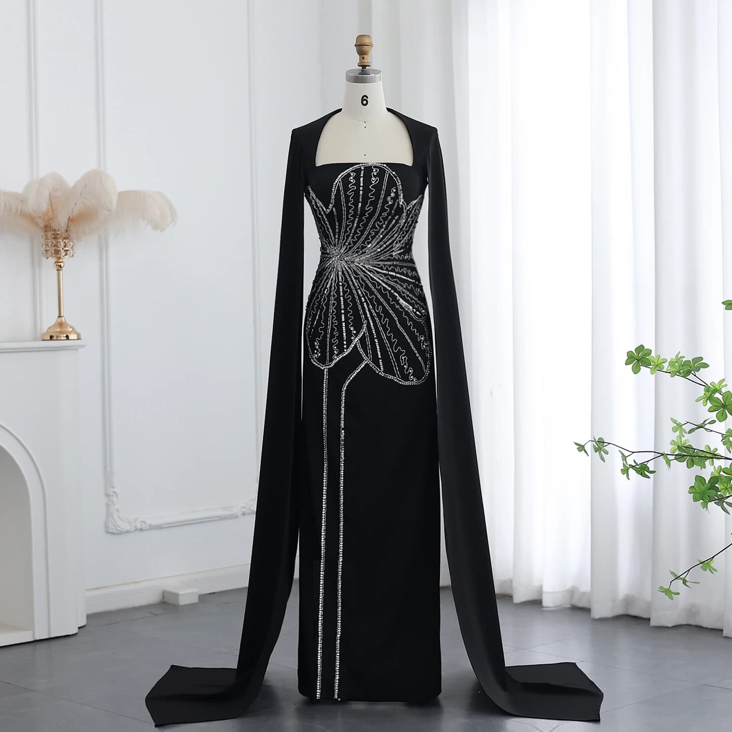 Sharon Said-Robe de soirée perlée de luxe avec manches cape, robe noire élégante, fête de mariage de