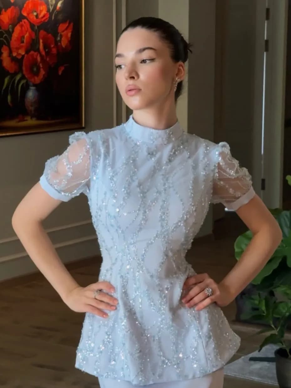 Robes de soirée formelles pour femmes, robes de soirée bleu clair, haut en maille à paillettes, jupe
