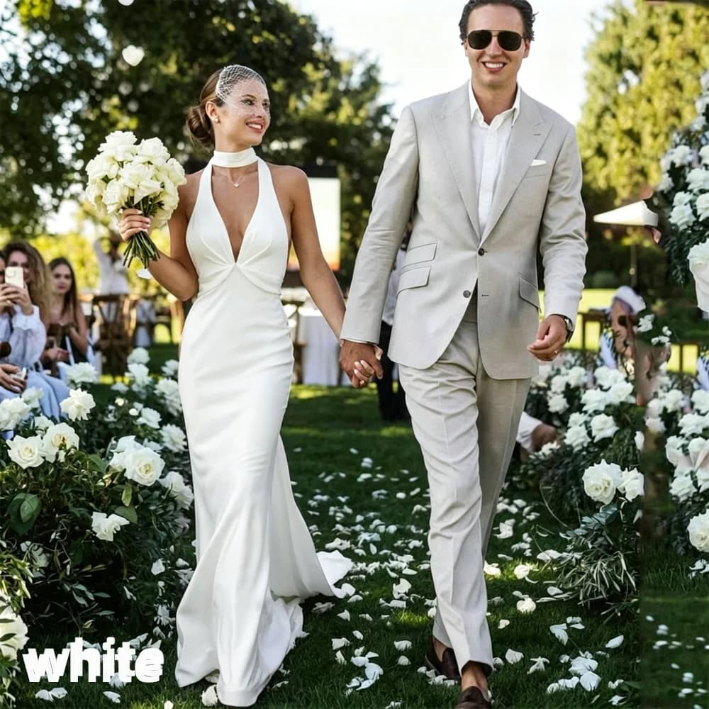 DREAM Robe de Mariée Sirène Élégante et Simple Sur Mesure Décolleté V Halter, Crêpe, Dos Nu, Traîne 