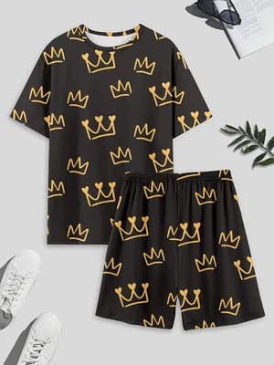 Ensemble de pyjama pour homme, comprenant un haut à manches courtes et un short imprimés couronne, v