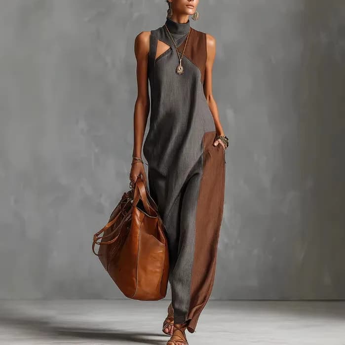 Robe longue bohème pour femme, style décontracté, col montant, découpes, color block, pour la plage