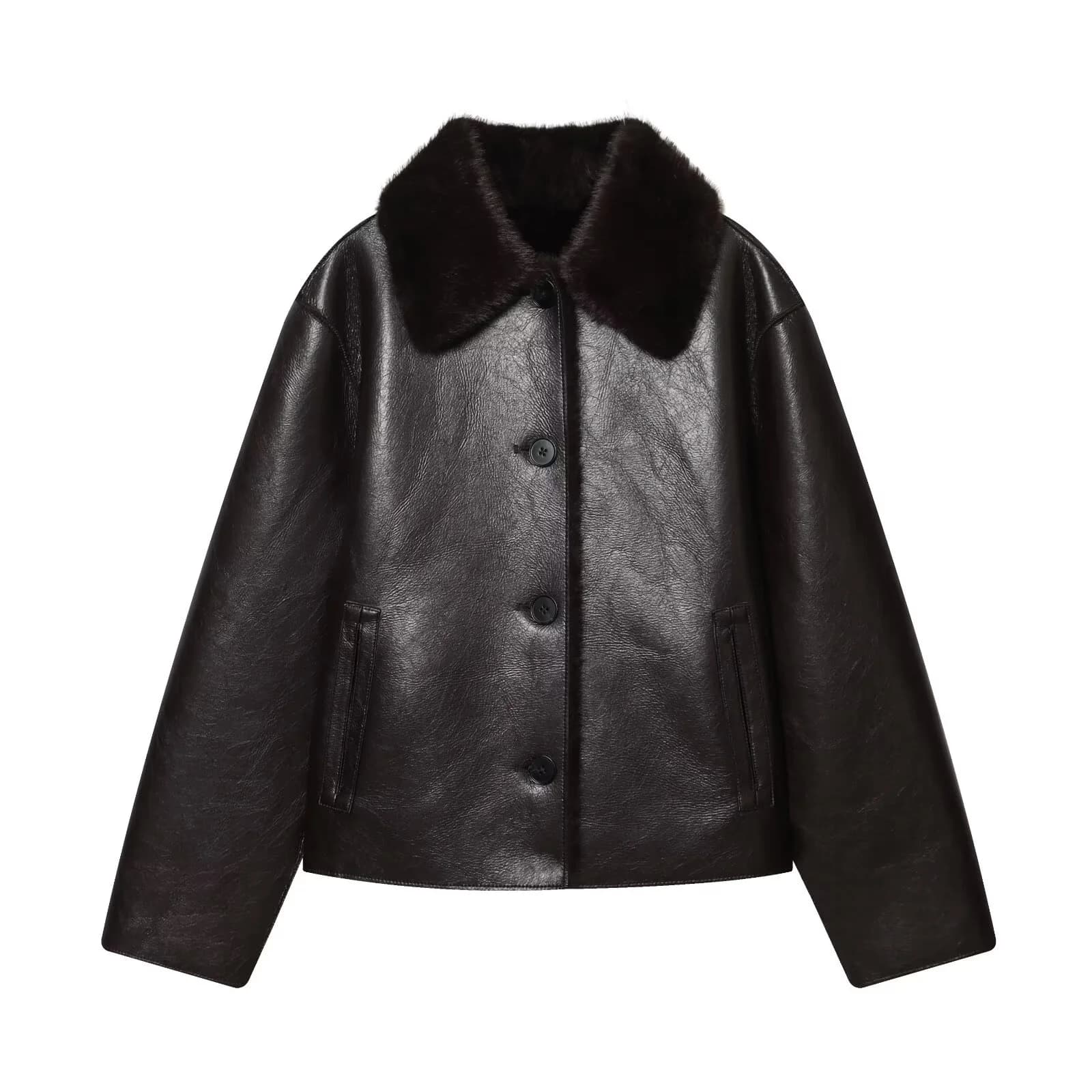 Veste femme 2025 automne/hiver nouveautés marron foncé à manches longues en simili cuir veste révers