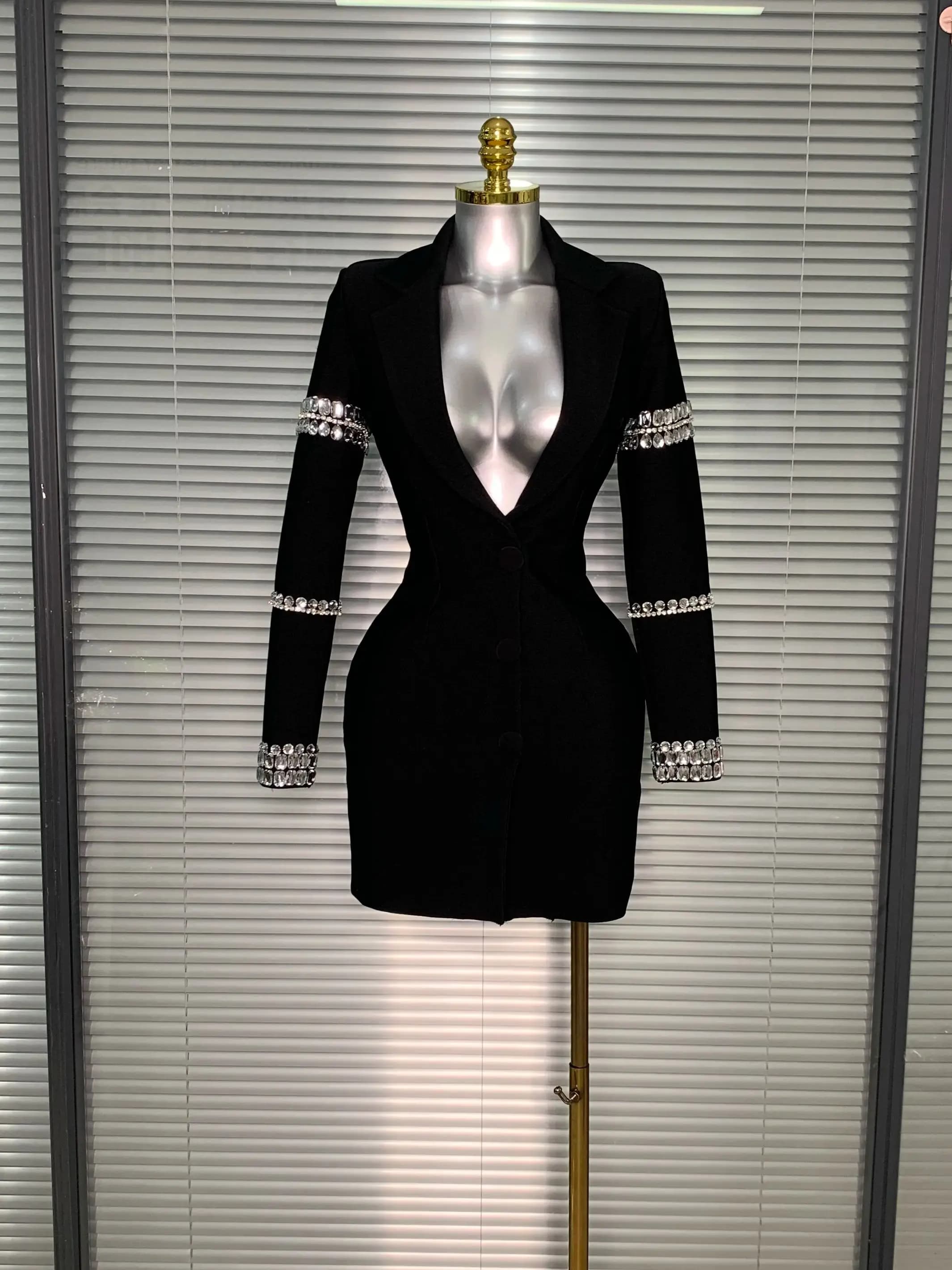 Robe à bandes pour femmes, flambant neuf, Sexy, décolleté en V profond, manches longues, Blazer perl
