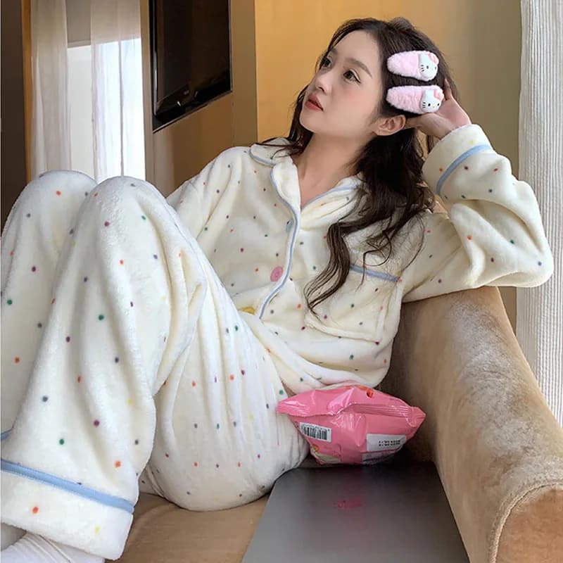 Pyjama en polaire pour femme, ensemble pyjama à pois pour étudiante, vêtements de détente épais et c