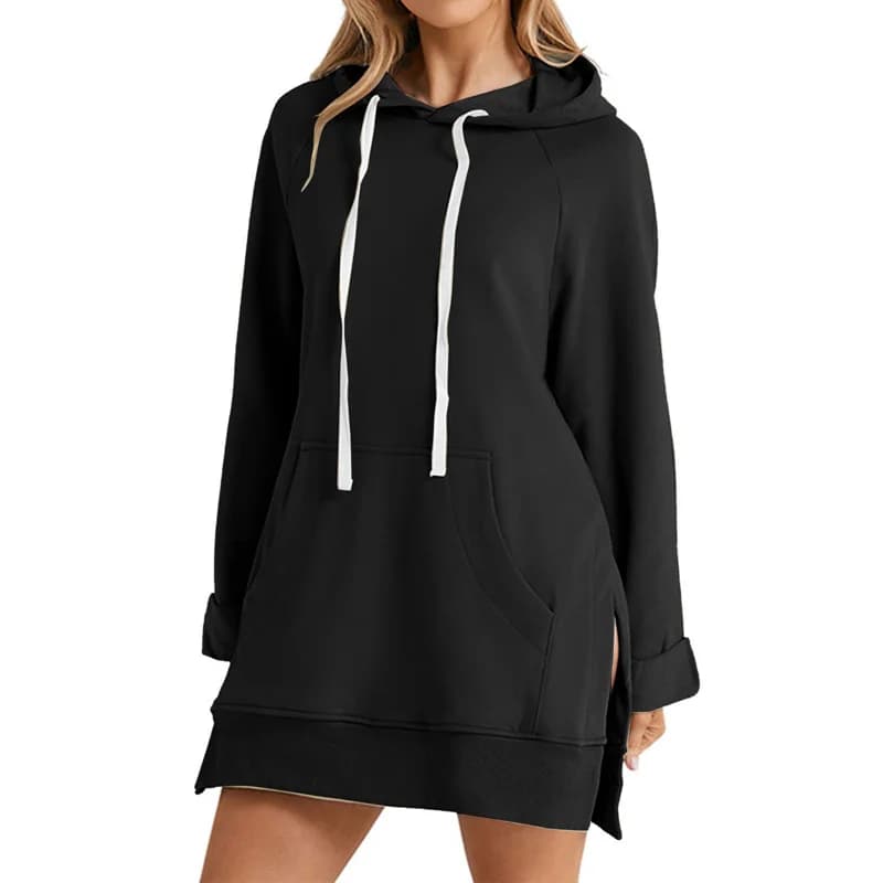 Robe à capuche pour femmes, ourlet fendu, cordon de serrage, ample avec grande poche, pull à capuche