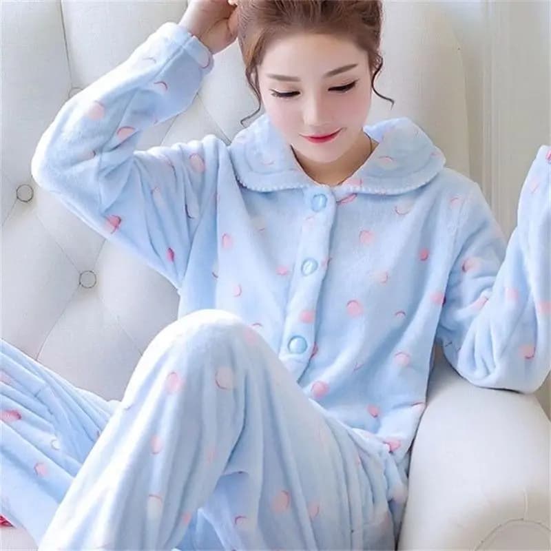 Ensemble de pyjama en flanelle polaire pour femmes, imprimé de dessins animés mignons, col à revers,