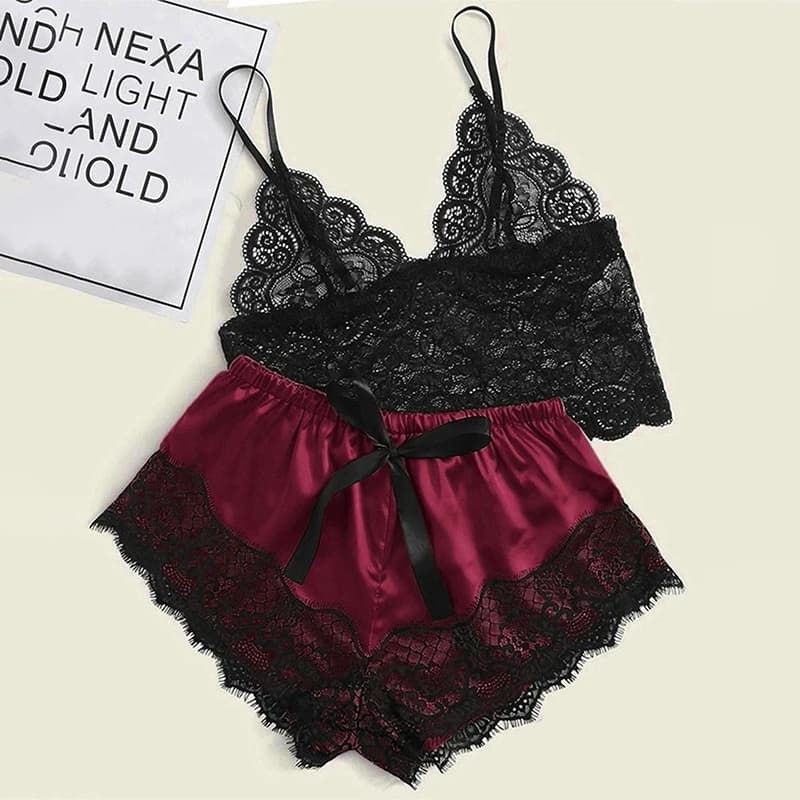 1 ensemble de pyjamas femmes déshabillé en dentelle Lingerie hauts courts et shorts nuisette pyjamas