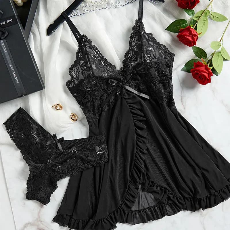 Chemise de nuit sexy en dentelle transparente pour femmes, lingerie rose, sous-vêtements, vêtements