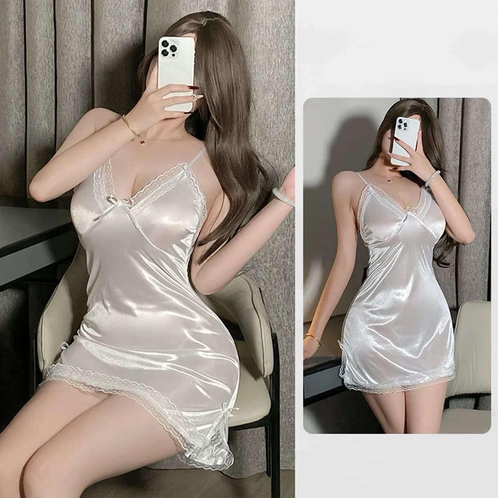 Chemise de nuit en satin translucide pour femmes, vêtements de nuit sexy, bretelles courtes, dentell