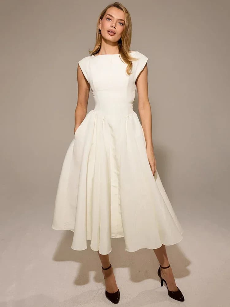 Oligai Robe Longue Crème Femme - Robe Élégante Manches Cape Dos Nu Coupe Cintrée Évasée pour Anniver