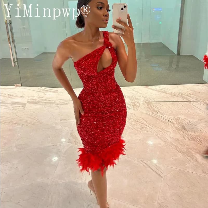 Robe de Cocktail Rouge à Paillettes, Tenue de ixd'Anniversaire à Plumes, Longueur aux Genoux, Person