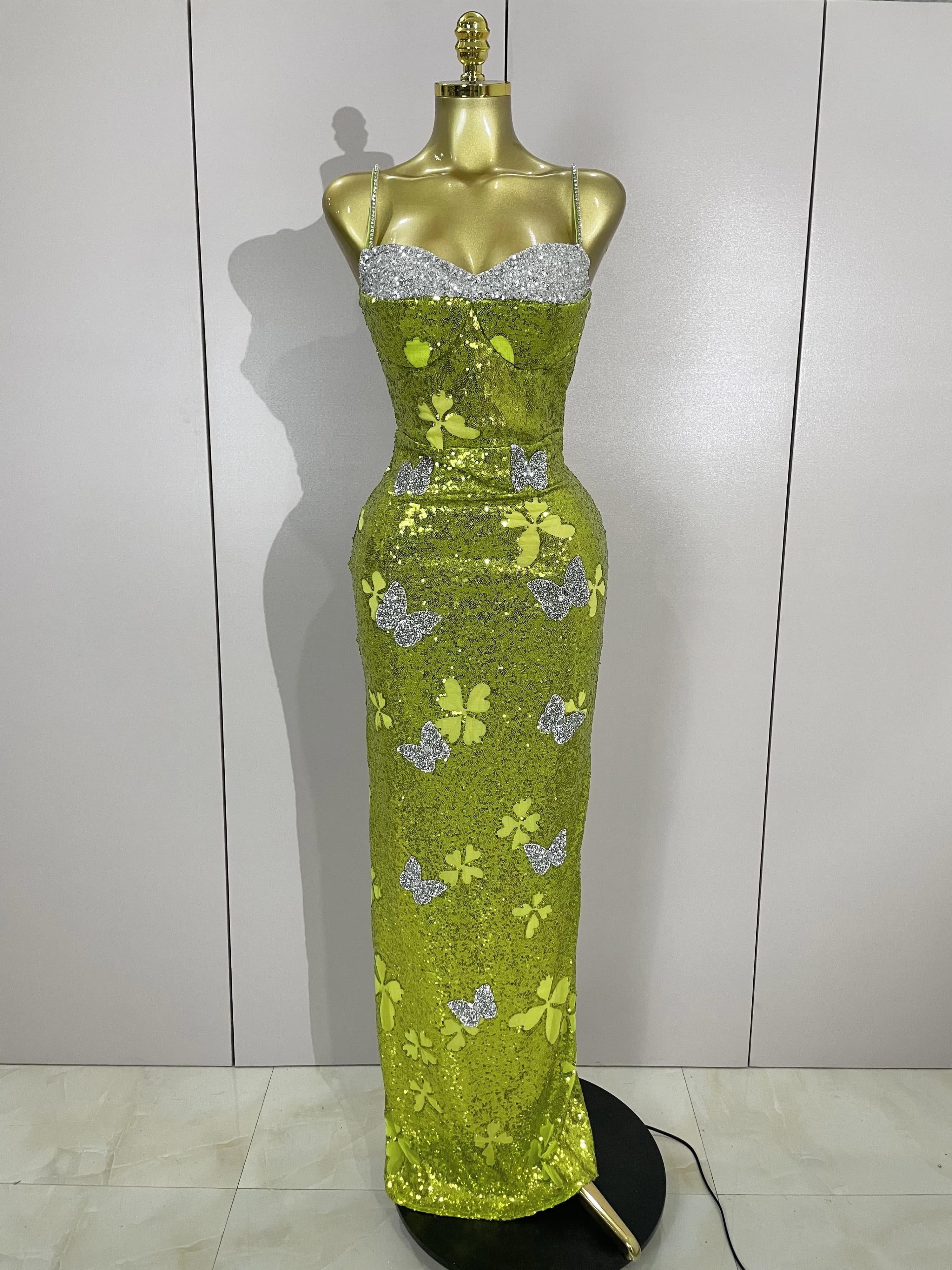 Élégant brillant papillon cristal Sexy licou vert moulante longue robe femmes célébrer soirée fête d