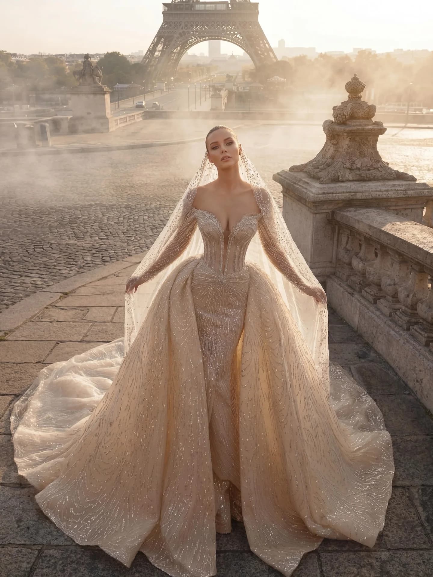 Magnifique Robe de Mariée Sirène Épaules Dénudées Manches Longues Perles Brodées Paillettes Traîne É