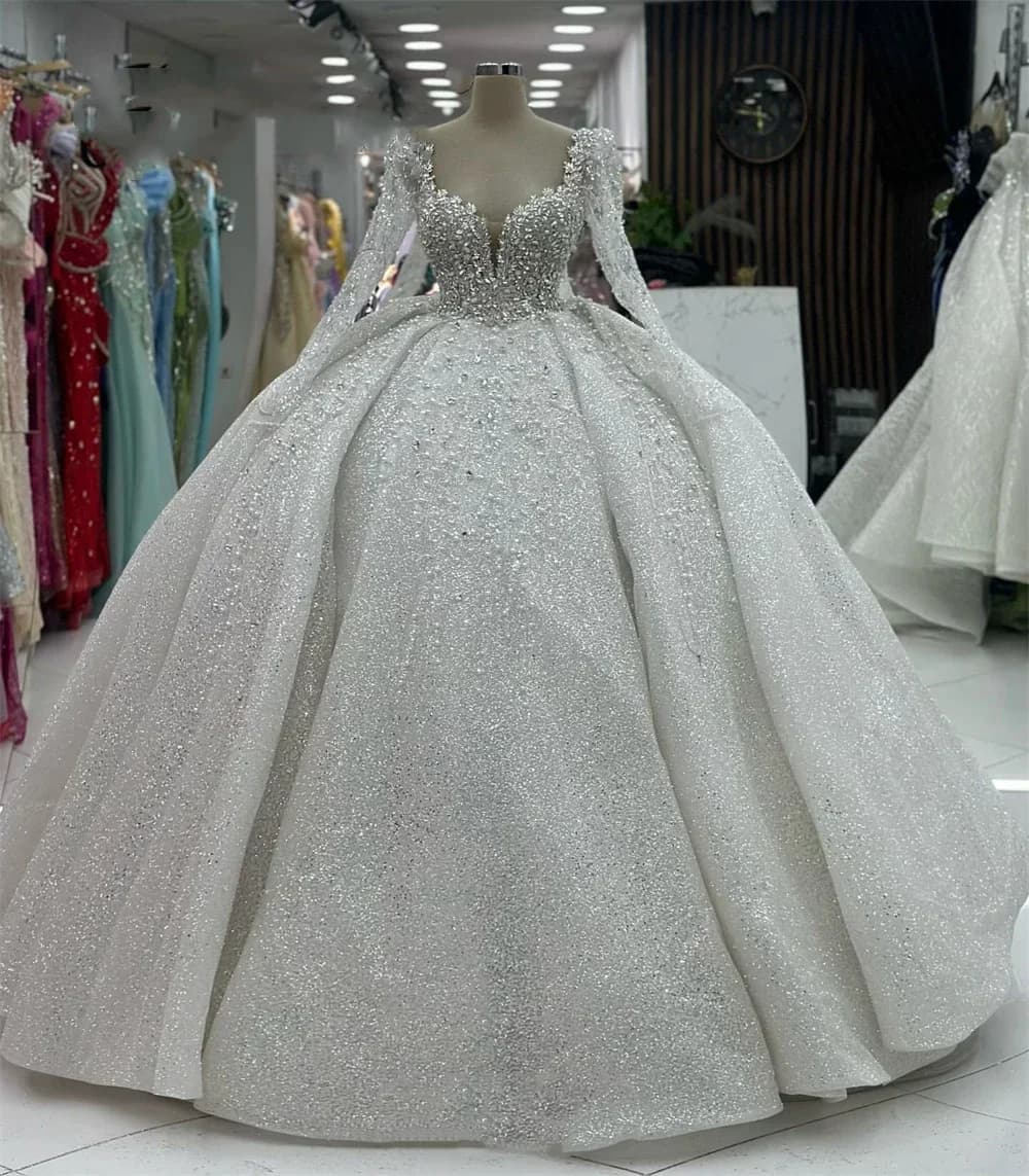 Robes De mariée princesse De luxe personnalisées, col en cœur, manches longues, dentelle pailletée,
