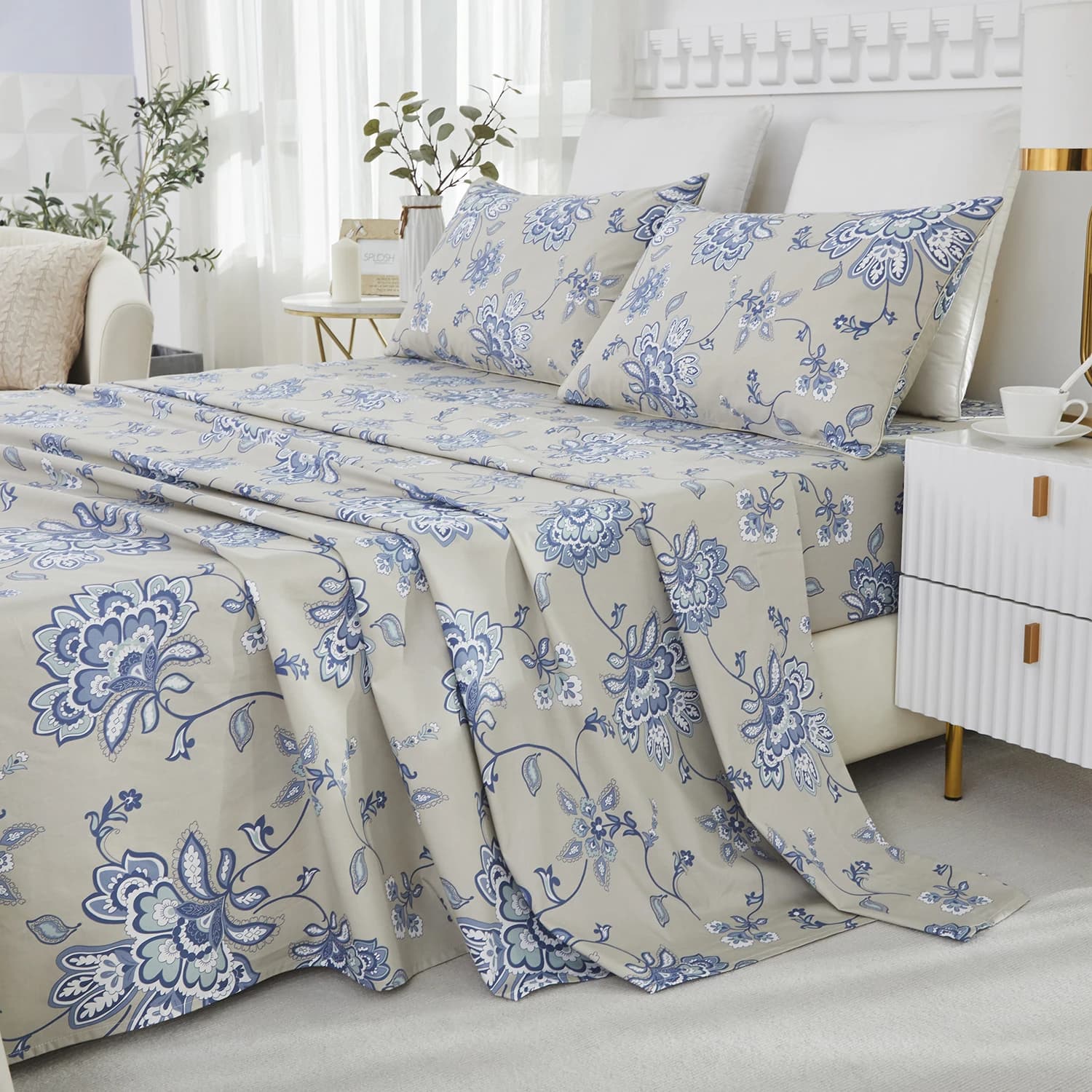 Ensemble de draps en coton égyptien 100% 600TC, 4 pièces, motif Paisley damassé bleu Boho, doux pour
