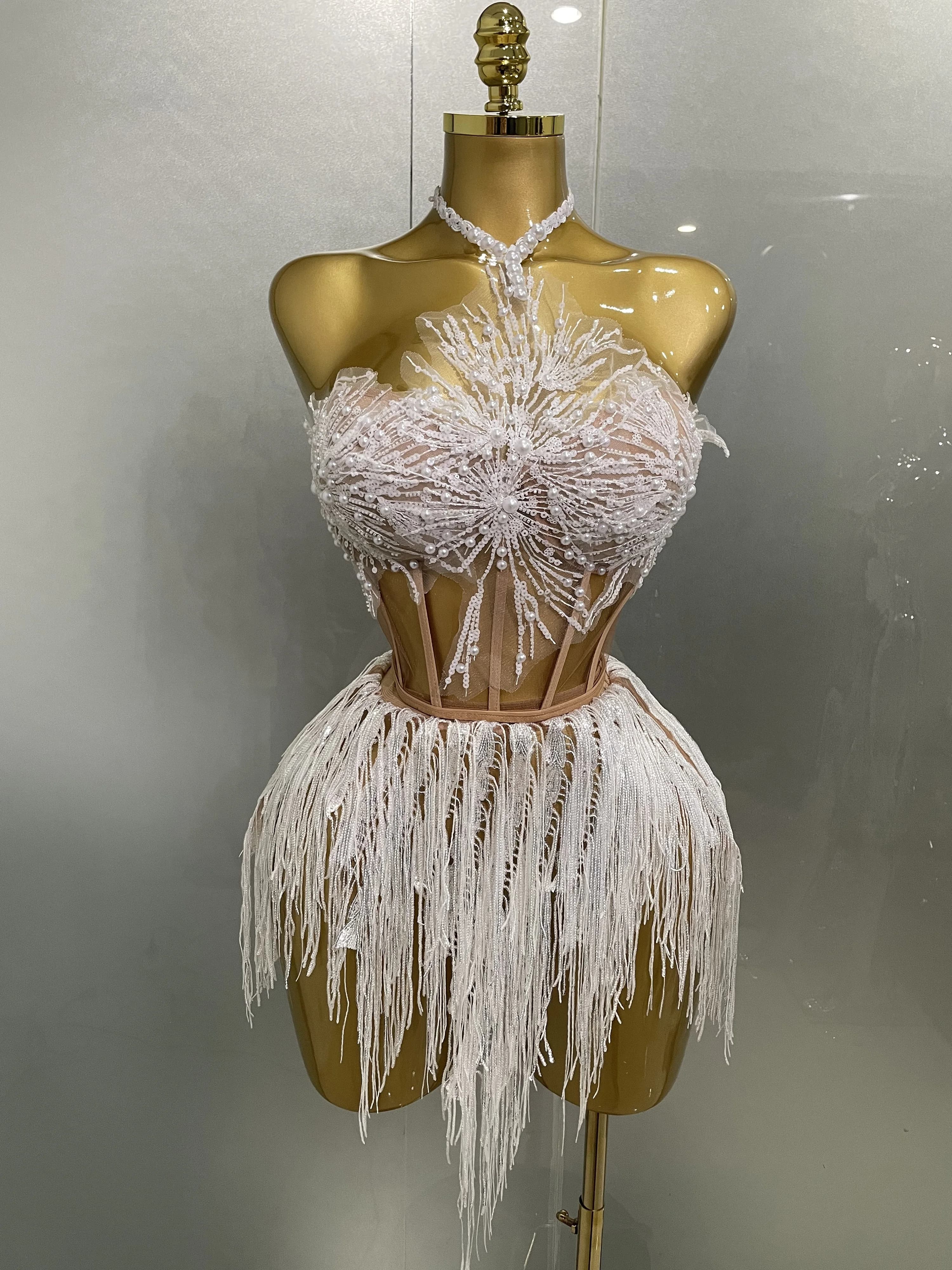 2025 Sexy perle paillettes gland sans manches paillettes Mini robe femmes chanteur Bar discothèque s