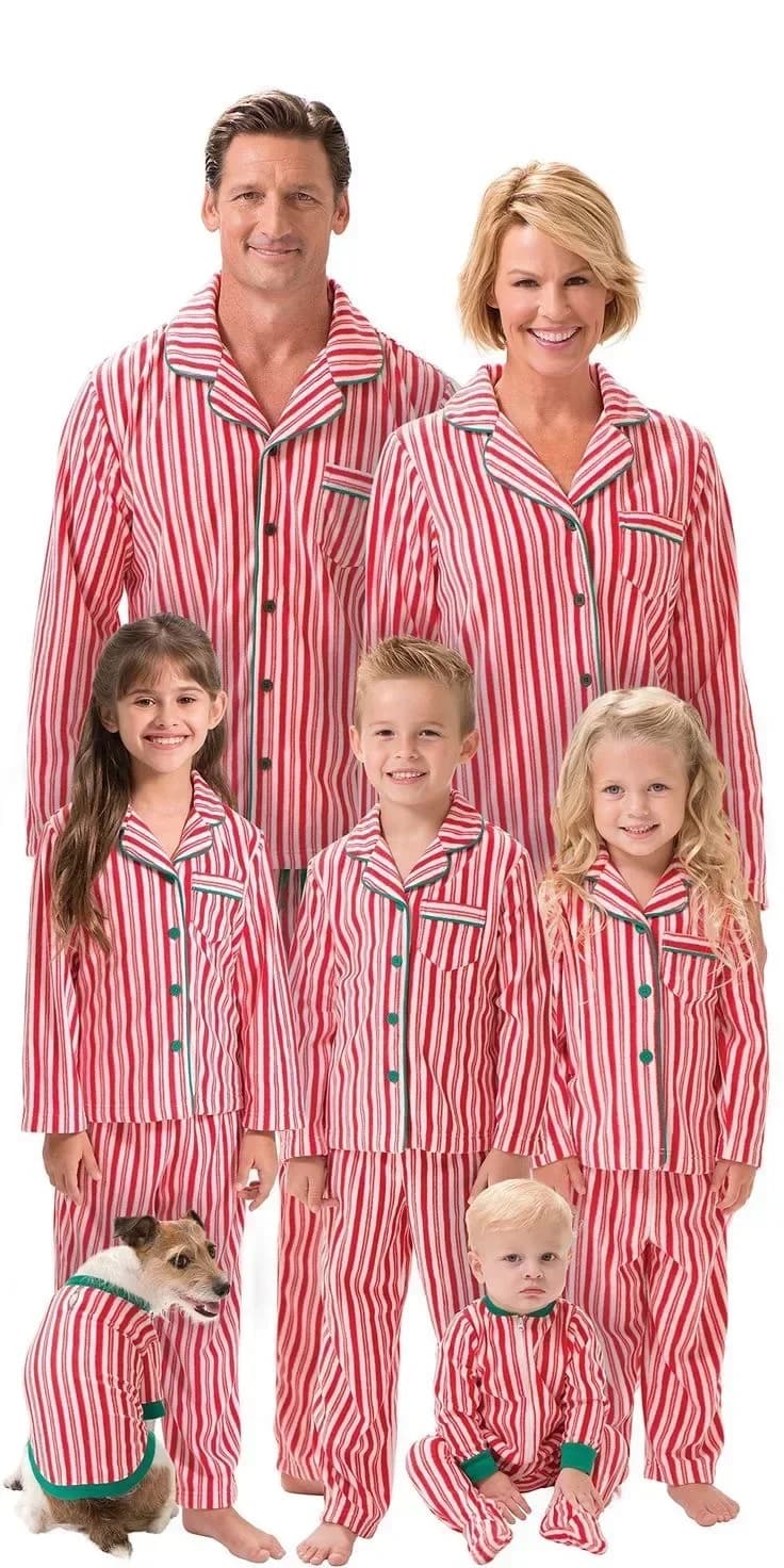 Ensemble pyjama de noël en famille, imprimé rayé, vêtements assortis, col rabattu, chemise à boutons