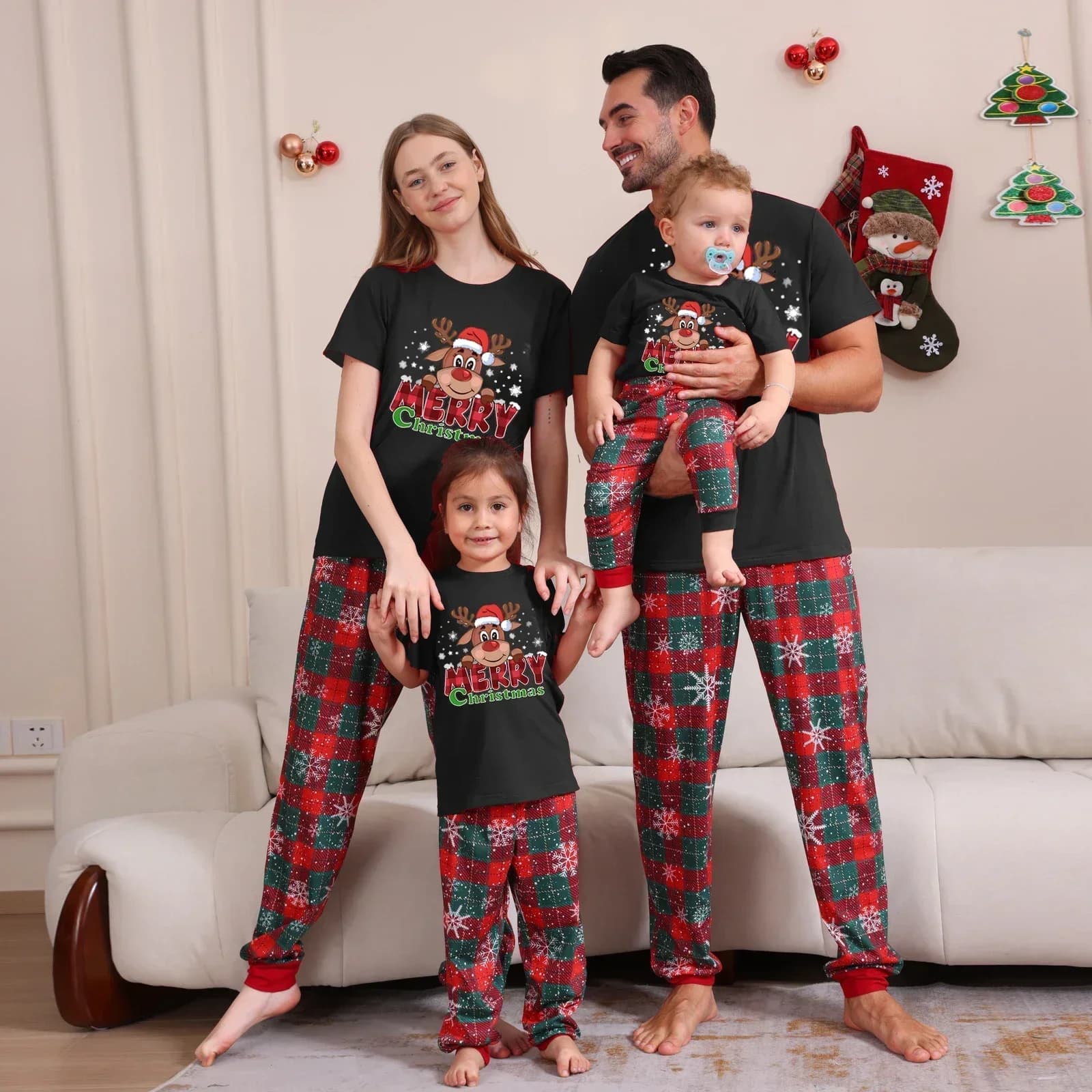 Ensemble pyjama de noël à manches courtes, imprimé de dessin animé, tenue assortie pour adultes et e