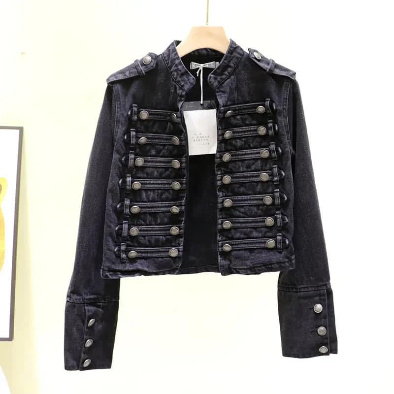 Printemps femmes col montant Double boutonnage Denim veste automne mince court jean veste noir à man
