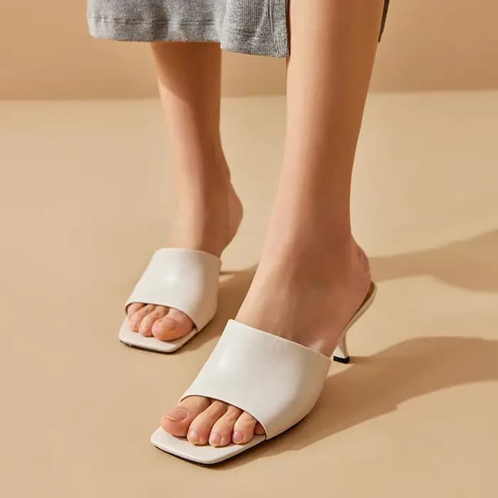 BEAUTODAY pantoufles élégantes femmes en cuir de veau couleur unie bout carré talons fins dames chaussures de plein air à la main 35110