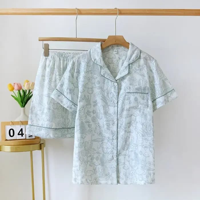 Pyjama Respirant en Gaze Double Couche, Ensemble Deux Pièces en Coton Imprimé à la Mode, à Manches C