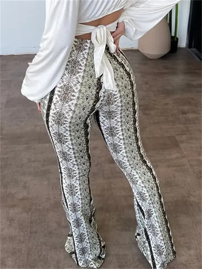 Pantalon évasé taille haute imprimé bohème pour femme