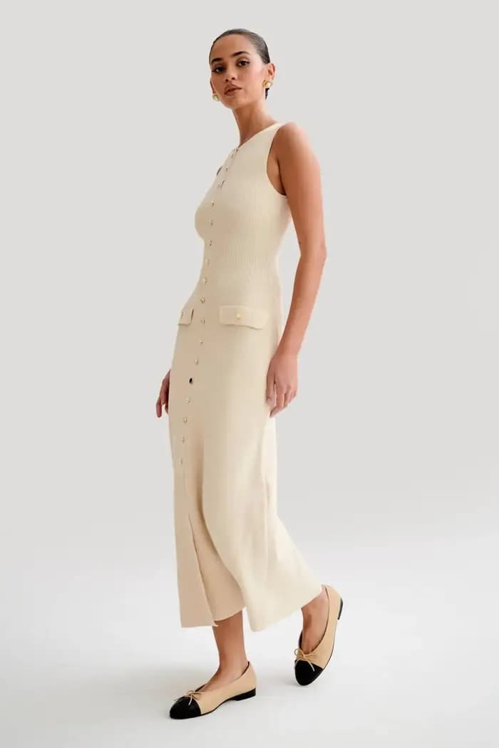 Robe longue tricotée à simple boutonnage pour femme, élégante, couleur unie, sans manches, col rond,