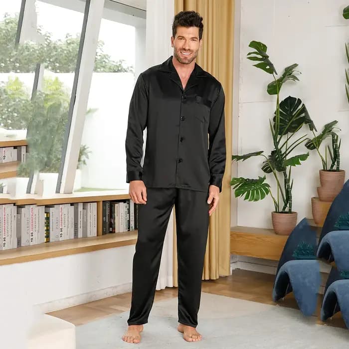 Pyjama noir costume hommes Satin maison vêtements à manches longues chemise et pantalon 2 pièces