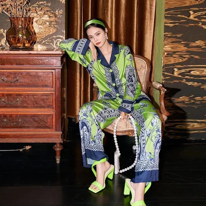 Style Boho femmes vert pyjama ensemble soie été dames Homewear peut être porté à l'extérieur de luxe Satin confortable