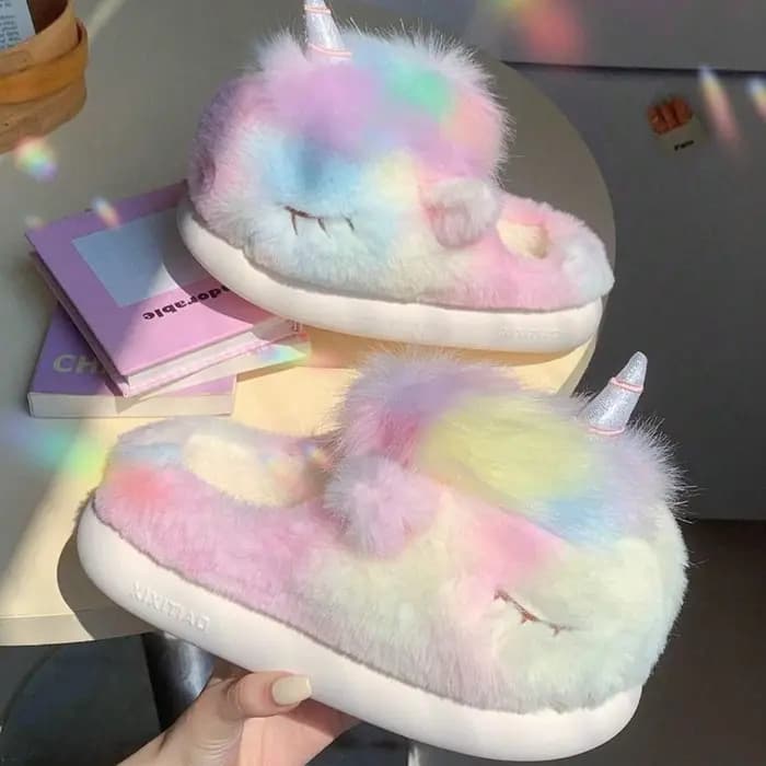 Mignon licorne hiver nouvelles femmes pantoufle talon souple plate-forme fourrure chaud intérieur co