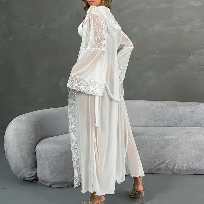 Luxe dentelle garniture à capuche longue Robe Kimono maille peignoir printemps été femme vêtements de nuit