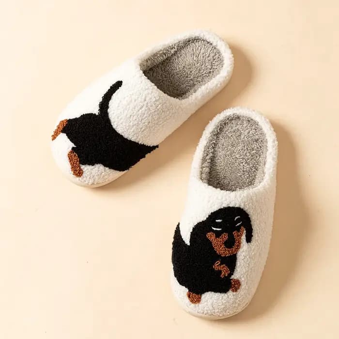 Chaussons pour femmes classique chien motif brodé maison d'hiver intérieur semelle souple chaud décontracté confortable