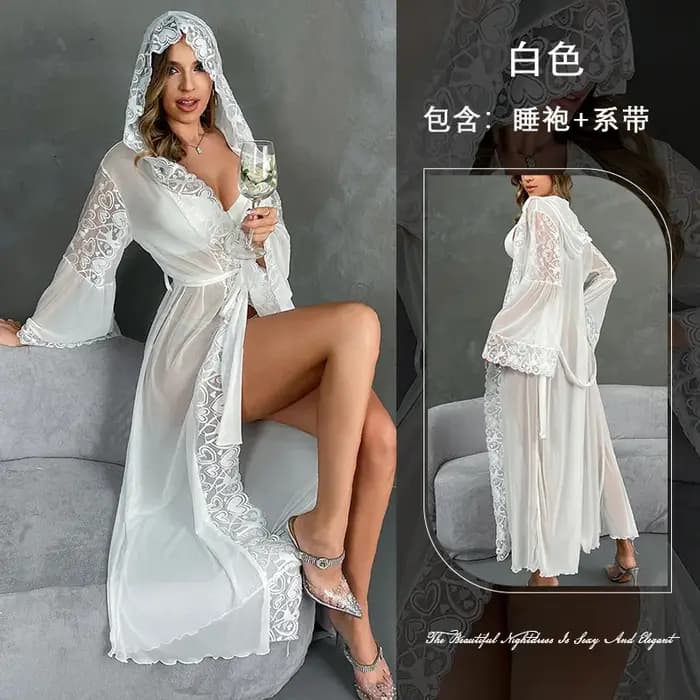 Luxe dentelle garniture à capuche longue Robe Kimono maille peignoir printemps été femme vêtements d