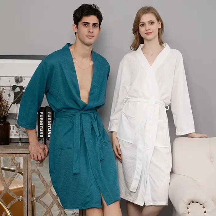 Gaufre femmes peignoir automne hiver solide col en V dames robe de chambre coton poches à manches longues Kimono avec ceintures pour femme
