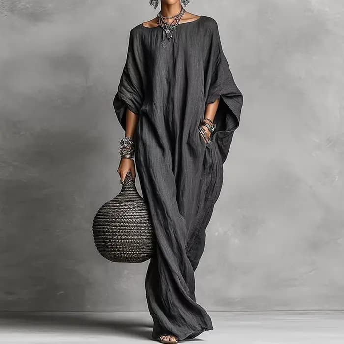 Robe de soirée ample à manches chauve-souris trois-quarts, robe longue simple à col rond pour femme