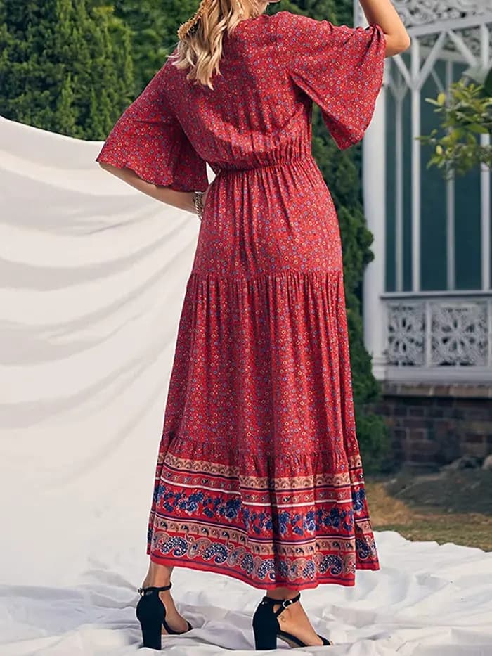 Robe longue décontractée à manches courtes et col en V pour femmes