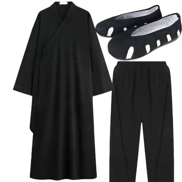 Ensemble de Robe Taoïste Traditionnelle Chinoise : Tunique Longue à Col Croisé avec Pantalon et Chapeau