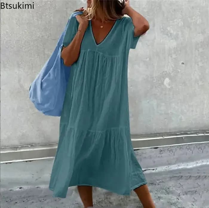 Nouvelles robes midi en coton et lin pour femmes